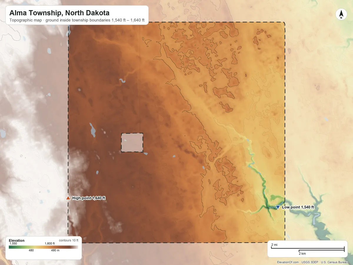 Topographic elevation map of Alma Township, North Dakota, shaded from 1,540 ft on the southeast side to 1,640 ft on the southwest side
