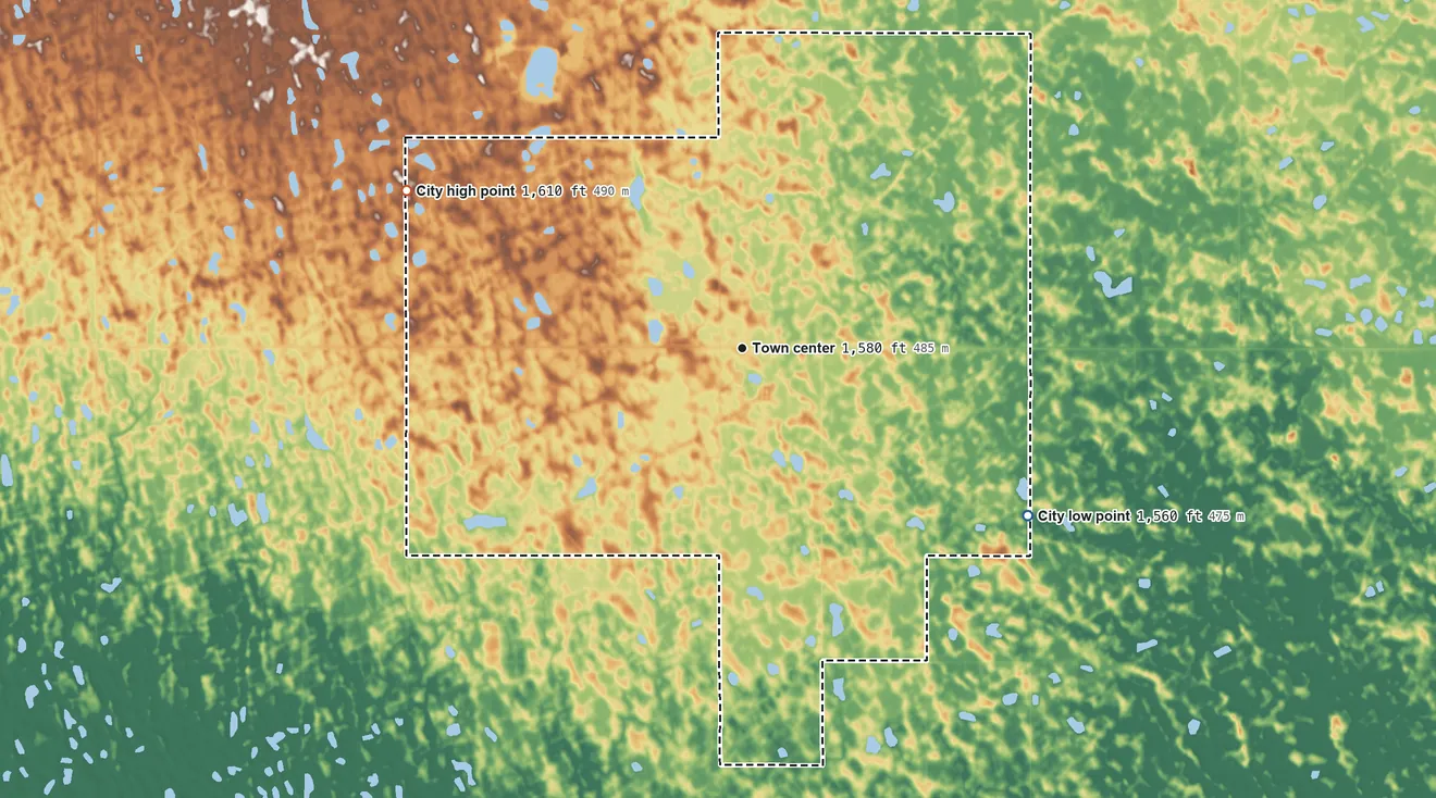 Topographic elevation map of Alsen, North Dakota, shaded from 1,560 ft on the southeast side to 1,610 ft on the northwest side