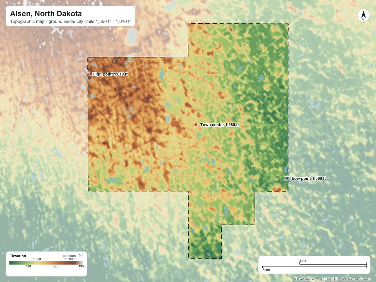 Topographic elevation map of Alsen, North Dakota, shaded from 1,560 ft on the southeast side to 1,610 ft on the northwest side