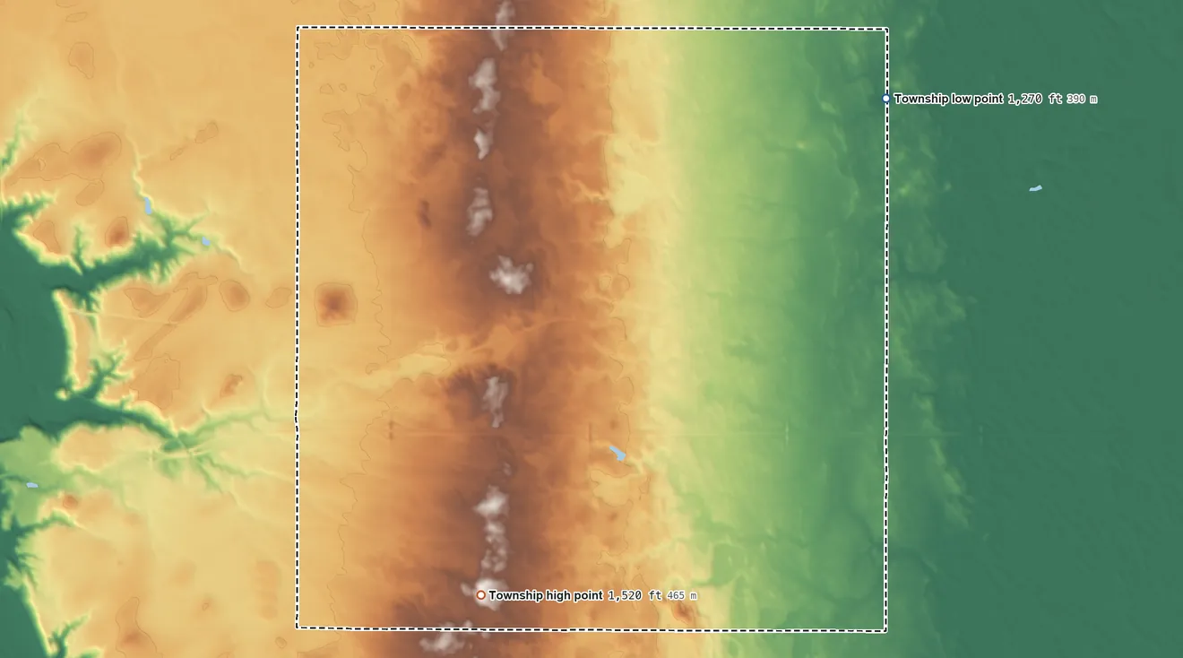 Topographic elevation map of Alta Township, North Dakota, shaded from 1,270 ft on the northeast side to 1,520 ft on the south side