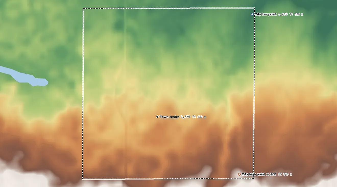 Topographic elevation map of Ambrose, North Dakota, shaded from 2,040 ft on the northeast side to 2,100 ft on the southeast side