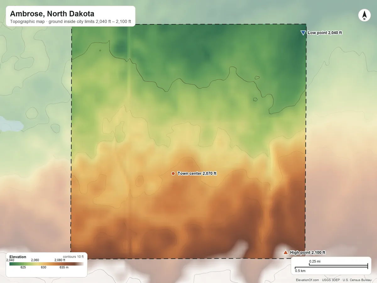 Topographic elevation map of Ambrose, North Dakota, shaded from 2,040 ft on the northeast side to 2,100 ft on the southeast side
