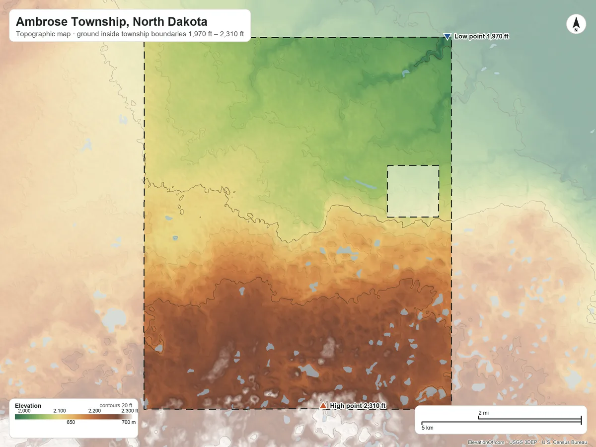Topographic elevation map of Ambrose Township, North Dakota, shaded from 1,970 ft on the northeast side to 2,310 ft on the south side