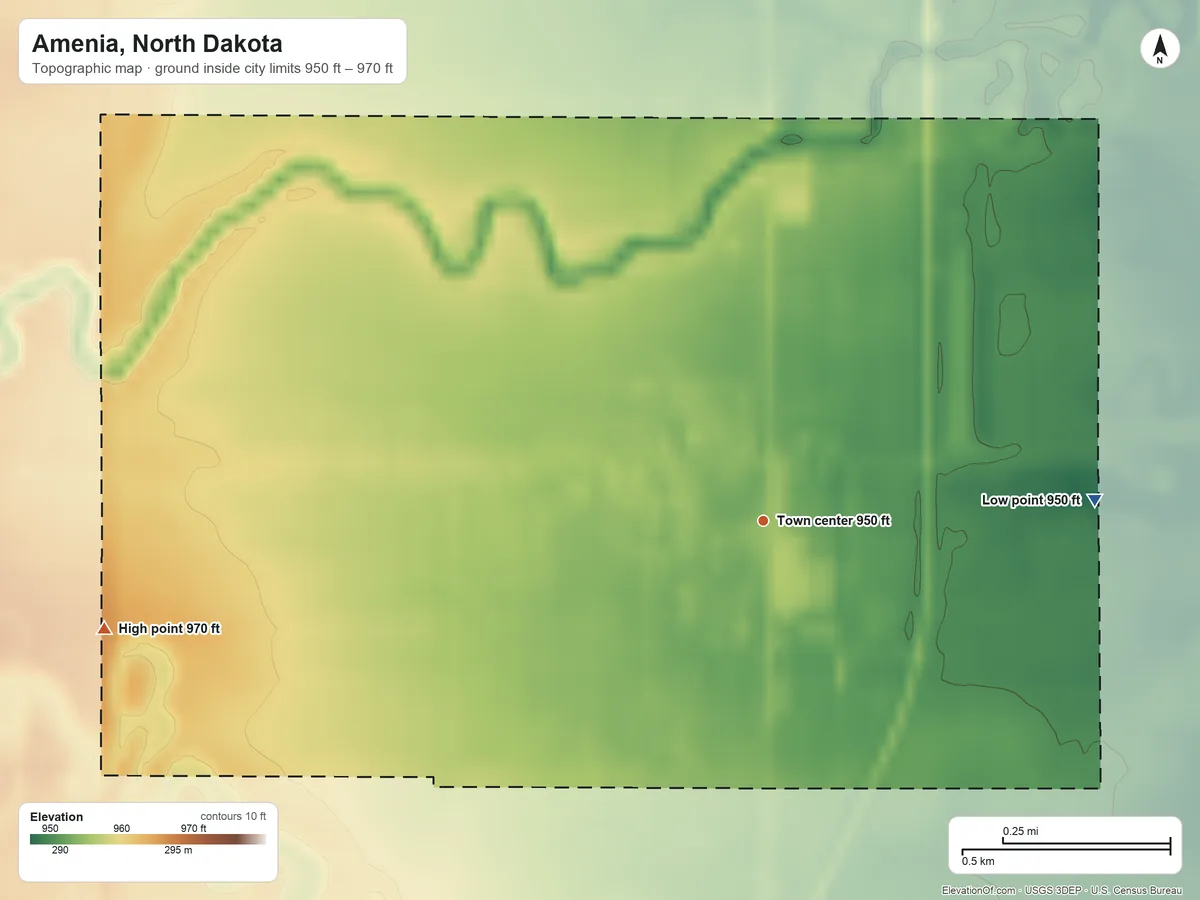 Topographic elevation map of Amenia, North Dakota, shaded from 950 ft on the east side to 970 ft on the west side