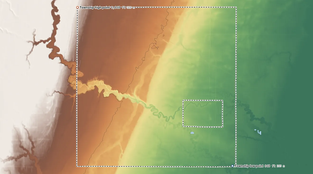 Topographic elevation map of Amenia Township, North Dakota, shaded from 940 ft on the southeast side to 1,040 ft on the northwest side