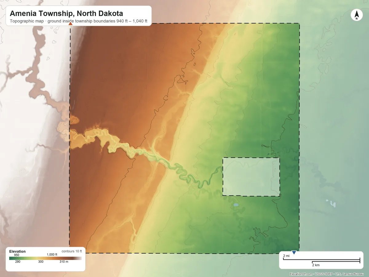 Topographic elevation map of Amenia Township, North Dakota, shaded from 940 ft on the southeast side to 1,040 ft on the northwest side