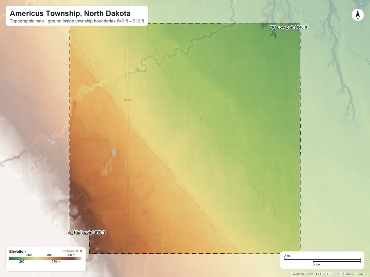 Topographic elevation map of Americus Township, North Dakota, shaded from 840 ft on the northeast side to 910 ft on the southwest side