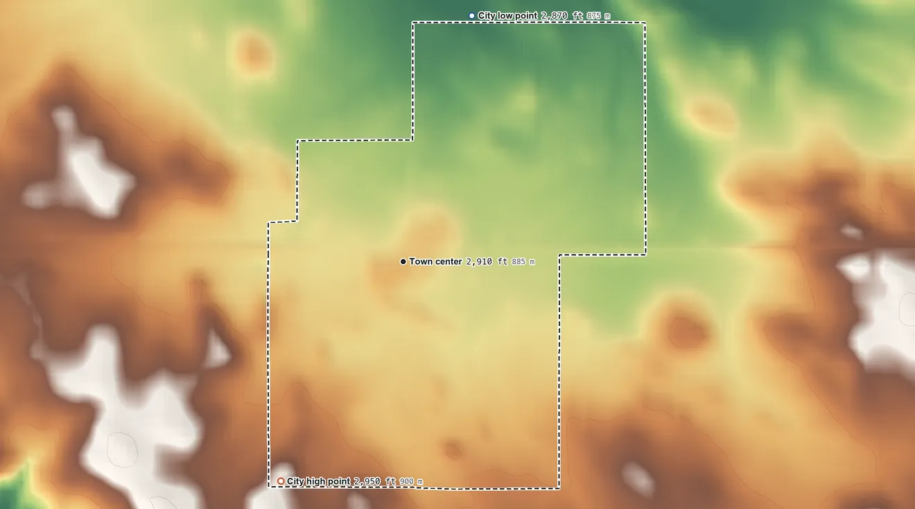 Topographic elevation map of Amidon, North Dakota, shaded from 2,870 ft on the north side to 2,950 ft on the southwest side