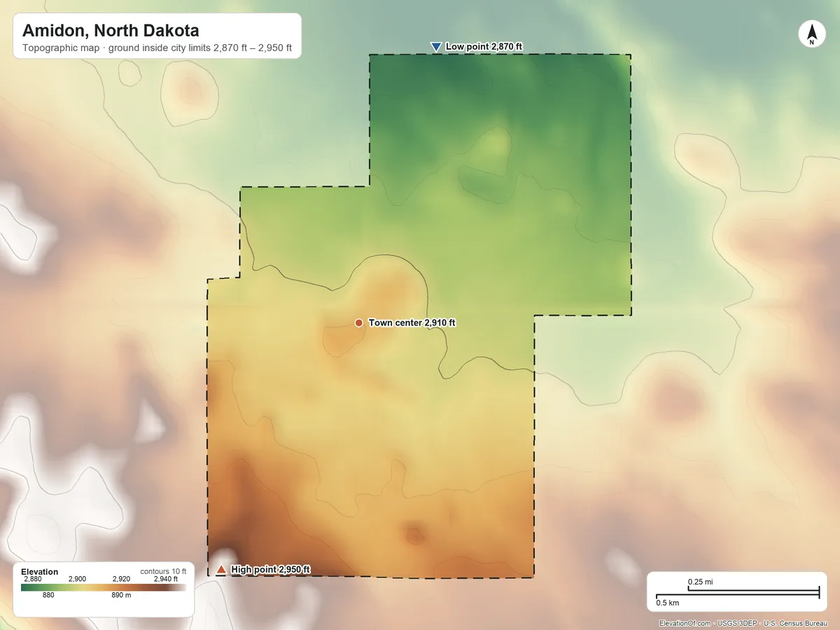 Topographic elevation map of Amidon, North Dakota, shaded from 2,870 ft on the north side to 2,950 ft on the southwest side