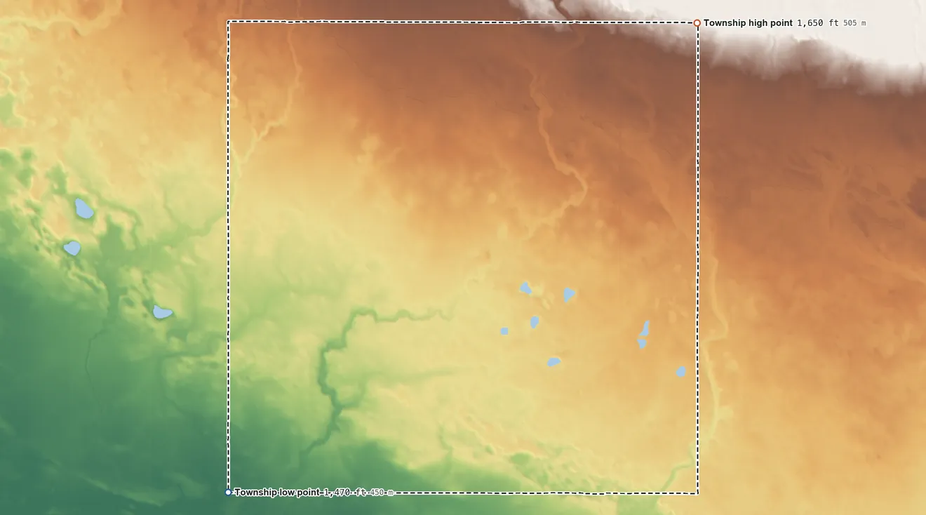 Topographic elevation map of Amity Township, North Dakota, shaded from 1,470 ft on the southwest side to 1,650 ft on the northeast side
