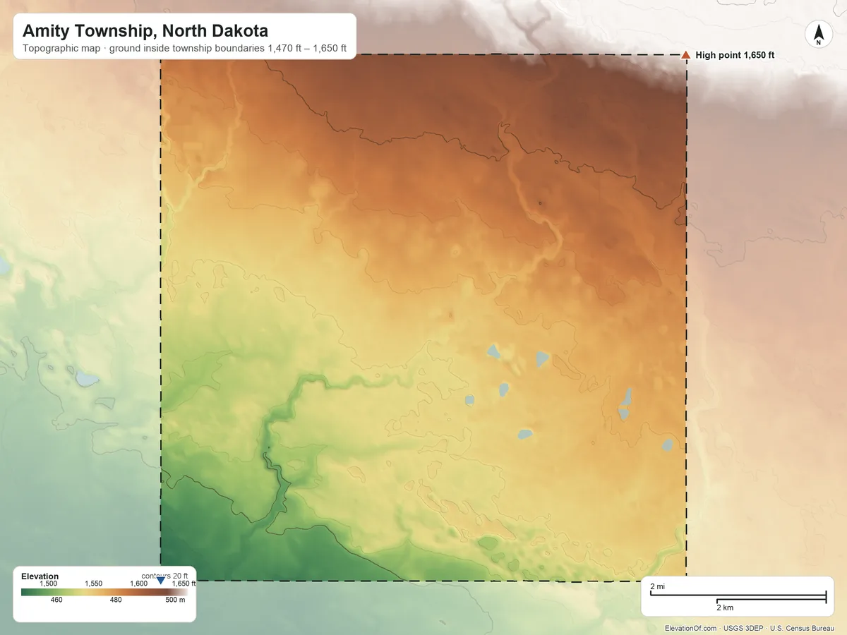 Topographic elevation map of Amity Township, North Dakota, shaded from 1,470 ft on the southwest side to 1,650 ft on the northeast side