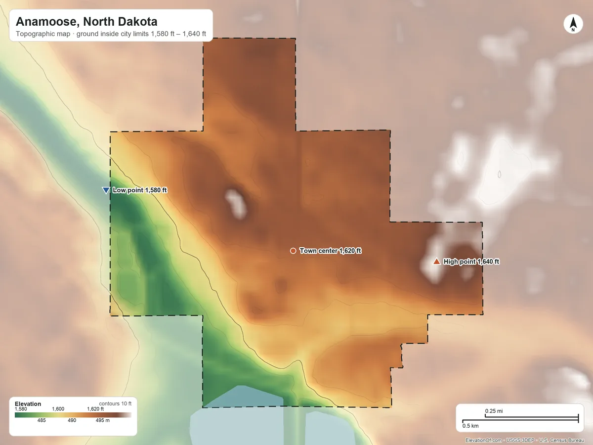 Topographic elevation map of Anamoose, North Dakota, shaded from 1,580 ft on the west side to 1,640 ft on the east side