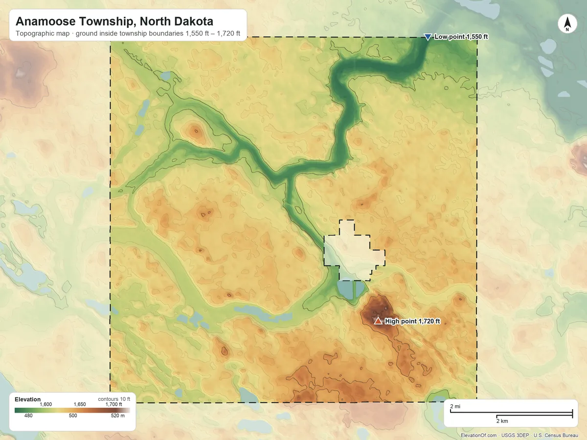 Topographic elevation map of Anamoose Township, North Dakota, shaded from 1,550 ft on the northeast side to 1,720 ft on the southeast side