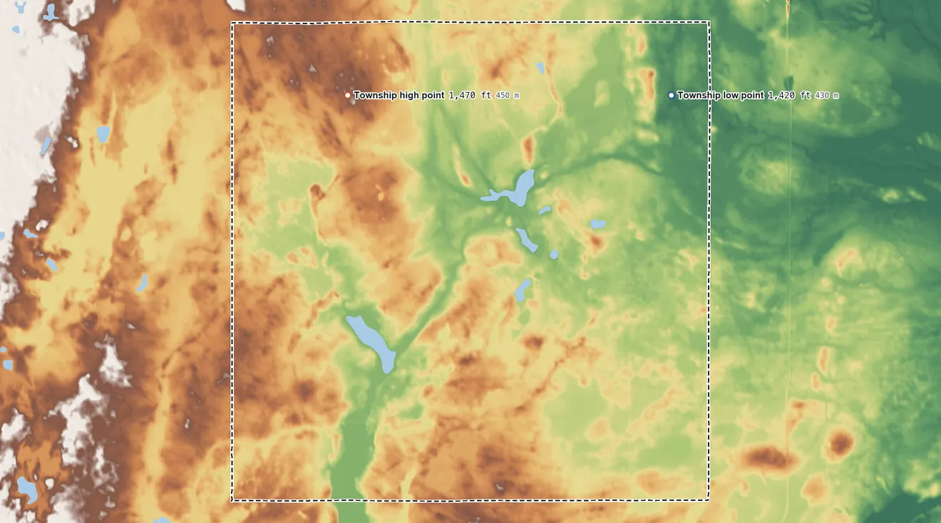 Topographic elevation map of Anderson Township, North Dakota, shaded from 1,420 ft on the north side to 1,470 ft on the northwest side