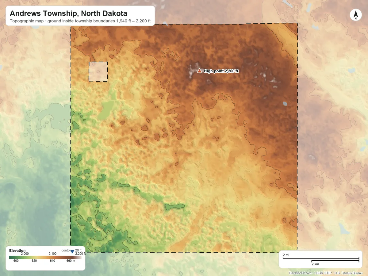 Topographic elevation map of Andrews Township, North Dakota, shaded from 1,940 ft on the southwest side to 2,200 ft on the northeast side