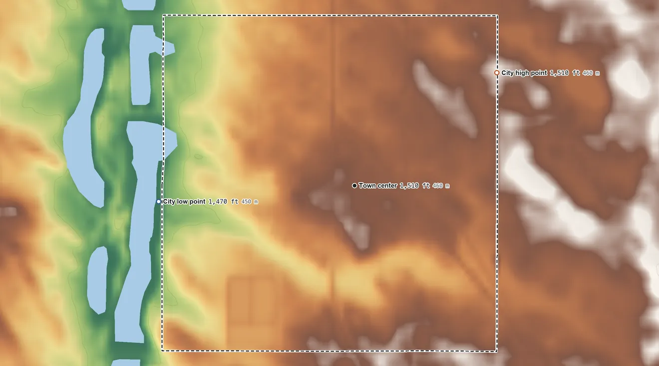 Topographic elevation map of Aneta, North Dakota, shaded from 1,470 ft on the west side to 1,510 ft on the northeast side