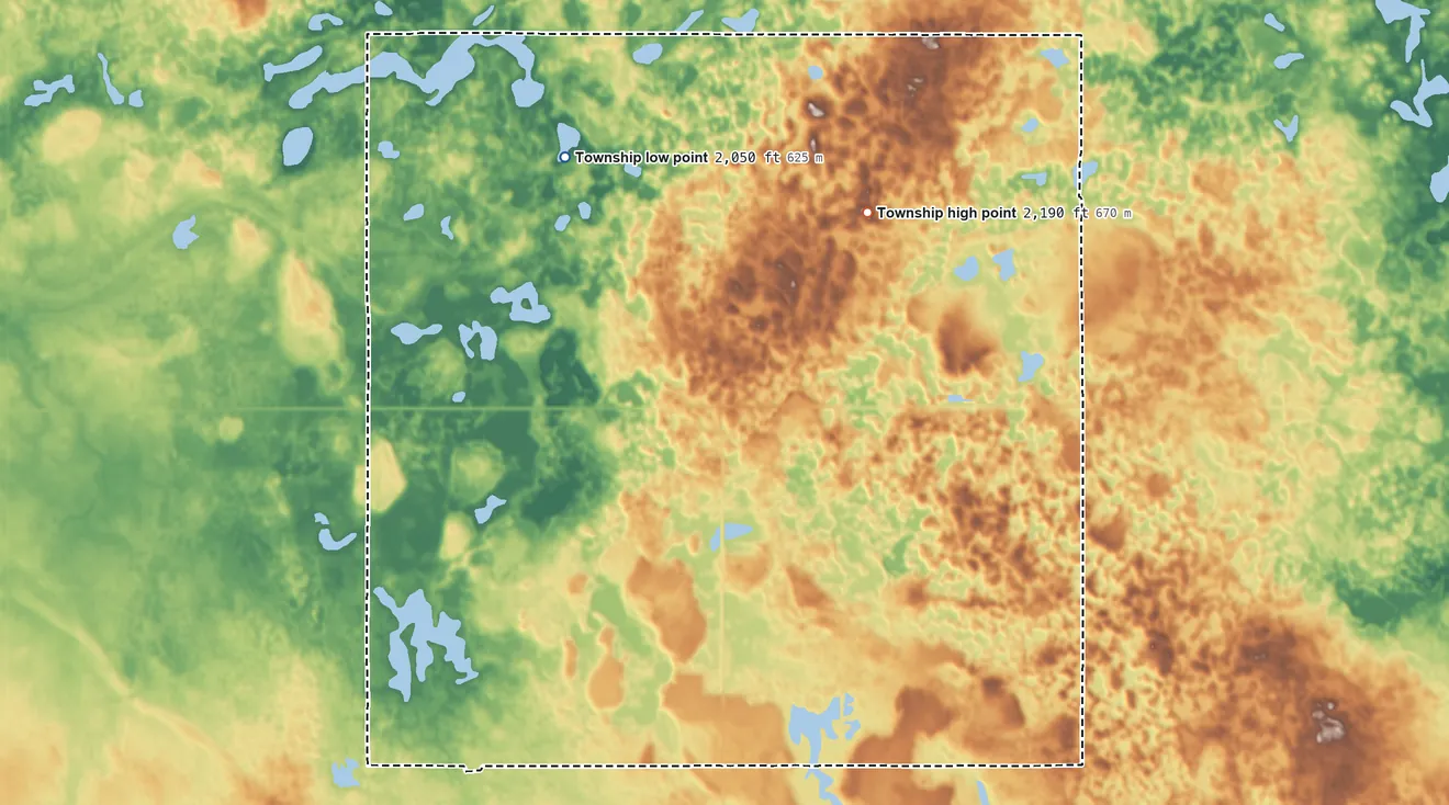 Topographic elevation map of Anna Township, North Dakota, shaded from 2,050 ft on the northwest side to 2,190 ft on the east side