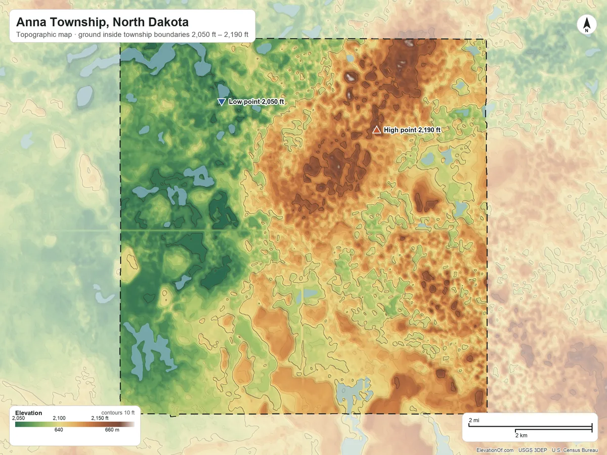 Topographic elevation map of Anna Township, North Dakota, shaded from 2,050 ft on the northwest side to 2,190 ft on the east side