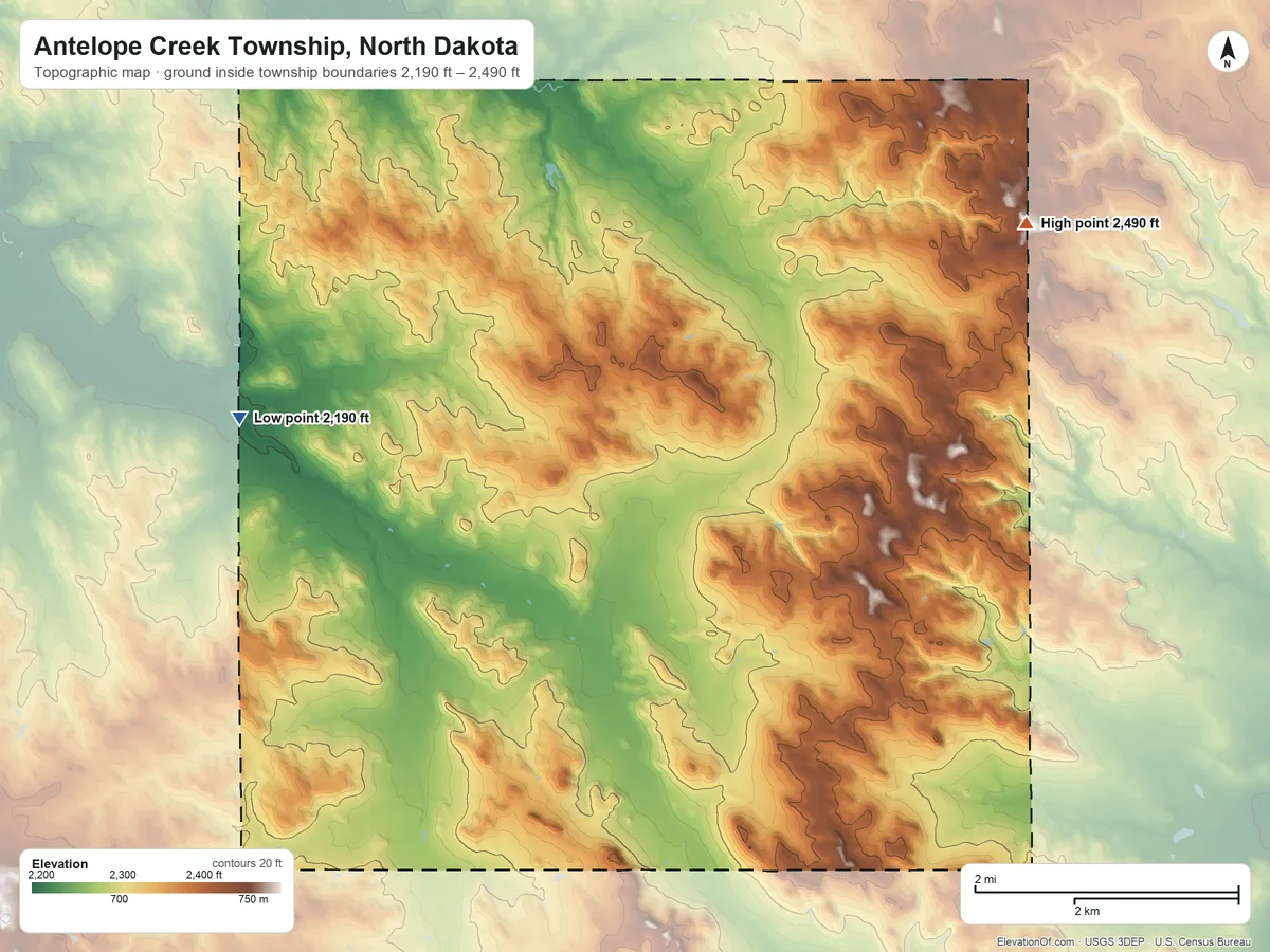 Topographic elevation map of Antelope Creek Township, North Dakota, shaded from 2,190 ft on the west side to 2,490 ft on the east side