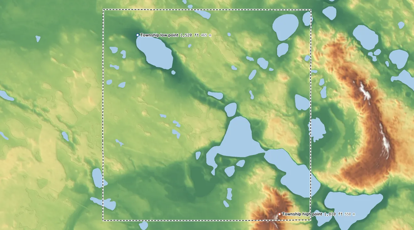 Topographic elevation map of Antelope Lake Township, North Dakota, shaded from 1,520 ft on the west side to 1,810 ft on the south side