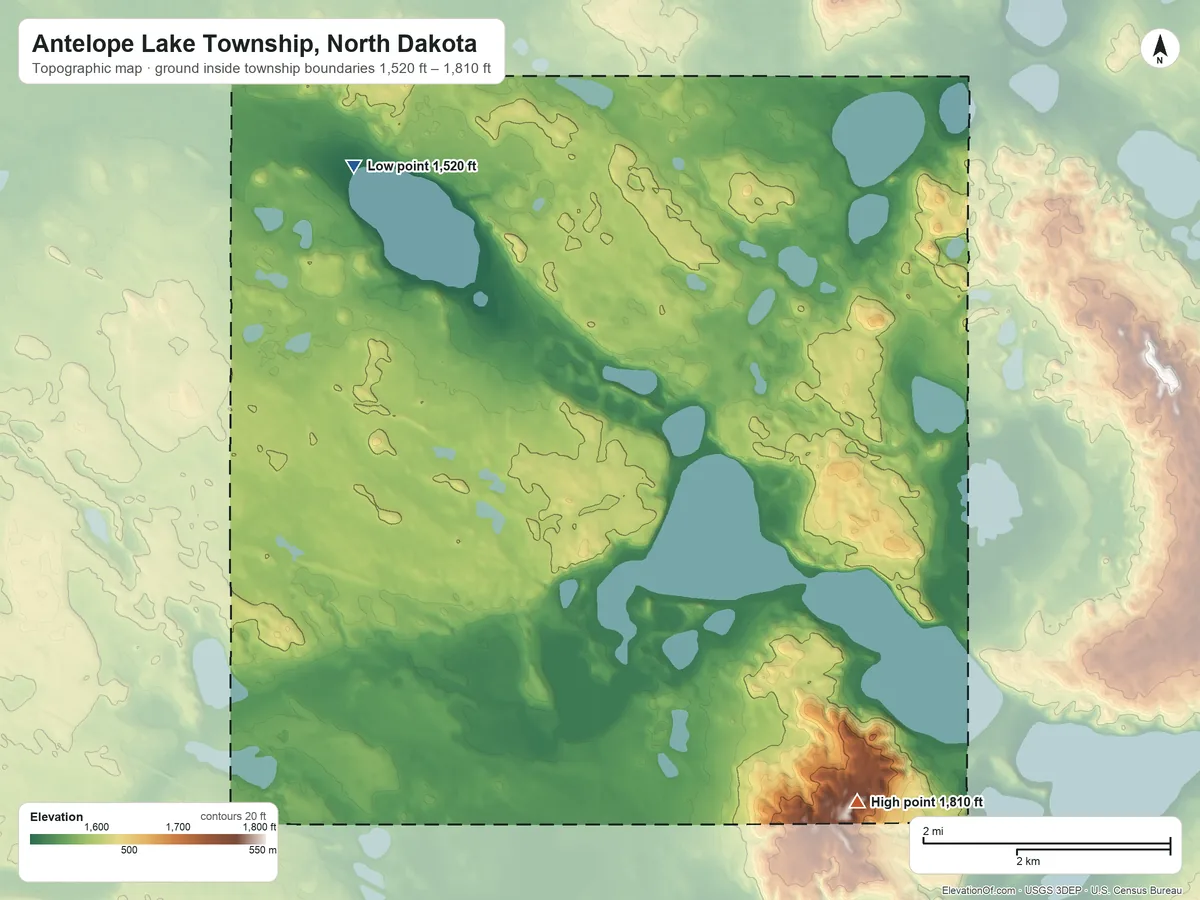 Topographic elevation map of Antelope Lake Township, North Dakota, shaded from 1,520 ft on the west side to 1,810 ft on the south side
