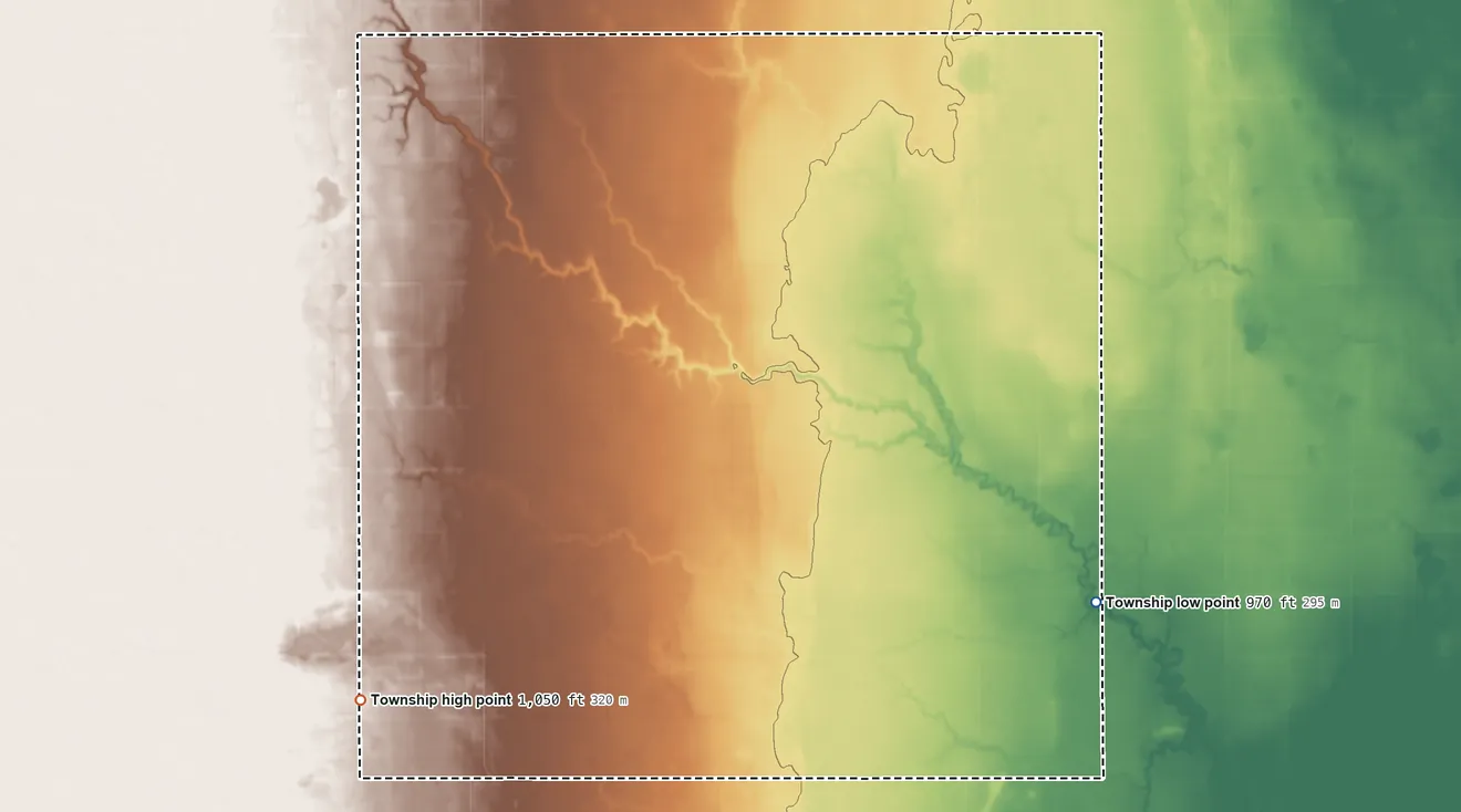Topographic elevation map of Antelope Township, North Dakota, shaded from 970 ft on the southeast side to 1,050 ft on the southwest side