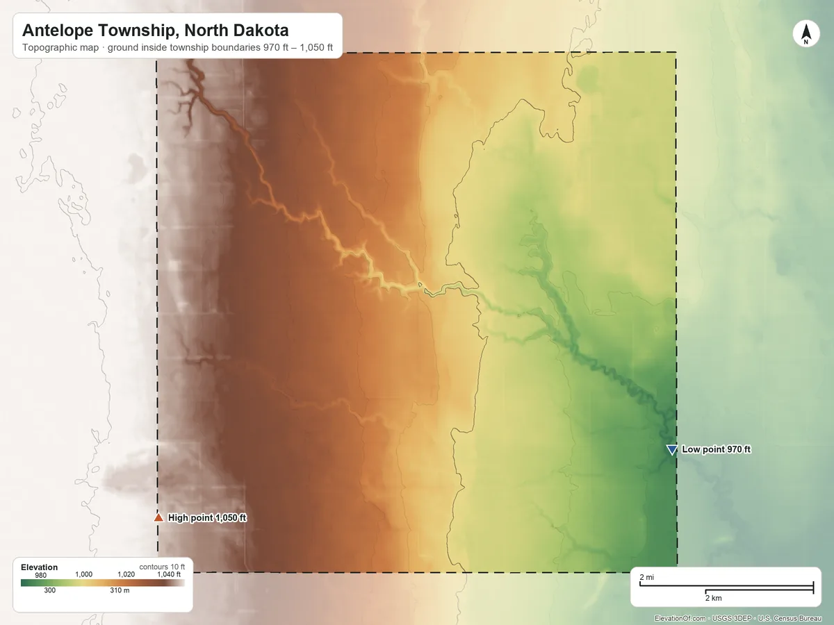 Topographic elevation map of Antelope Township, North Dakota, shaded from 970 ft on the southeast side to 1,050 ft on the southwest side