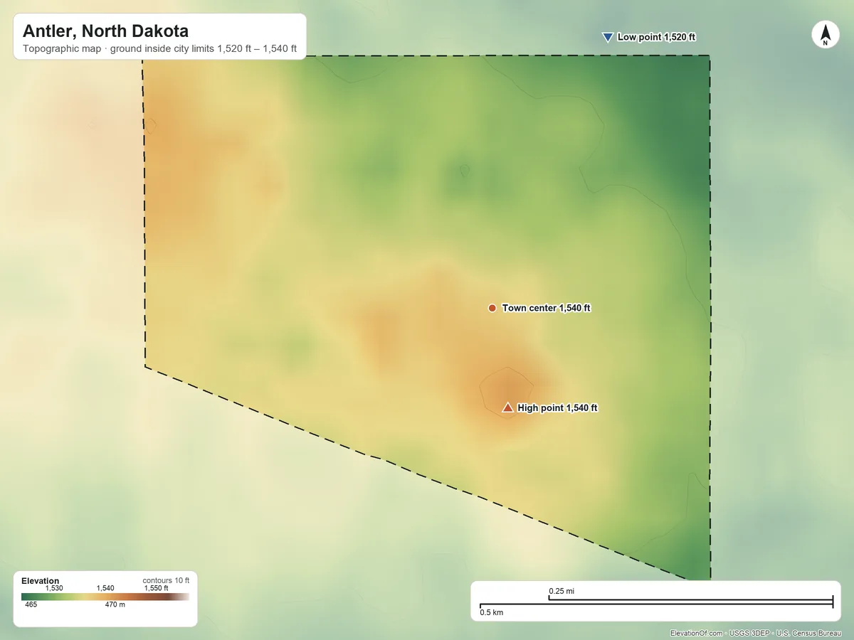 Topographic elevation map of Antler, North Dakota, shaded from 1,520 ft on the northeast side to 1,540 ft on the south side