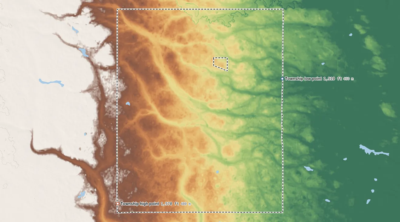 Topographic elevation map of Antler Township, North Dakota, shaded from 1,510 ft on the northeast side to 1,570 ft on the southwest side