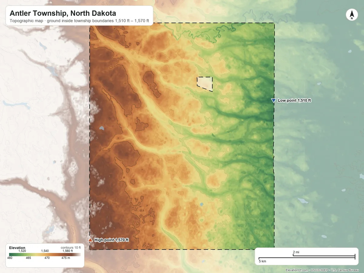 Topographic elevation map of Antler Township, North Dakota, shaded from 1,510 ft on the northeast side to 1,570 ft on the southwest side