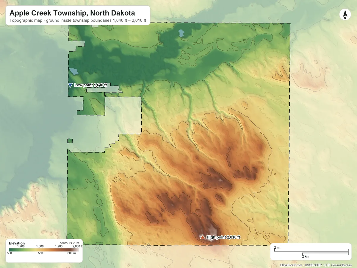 Topographic elevation map of Apple Creek Township, North Dakota, shaded from 1,640 ft on the northwest side to 2,010 ft on the southeast side