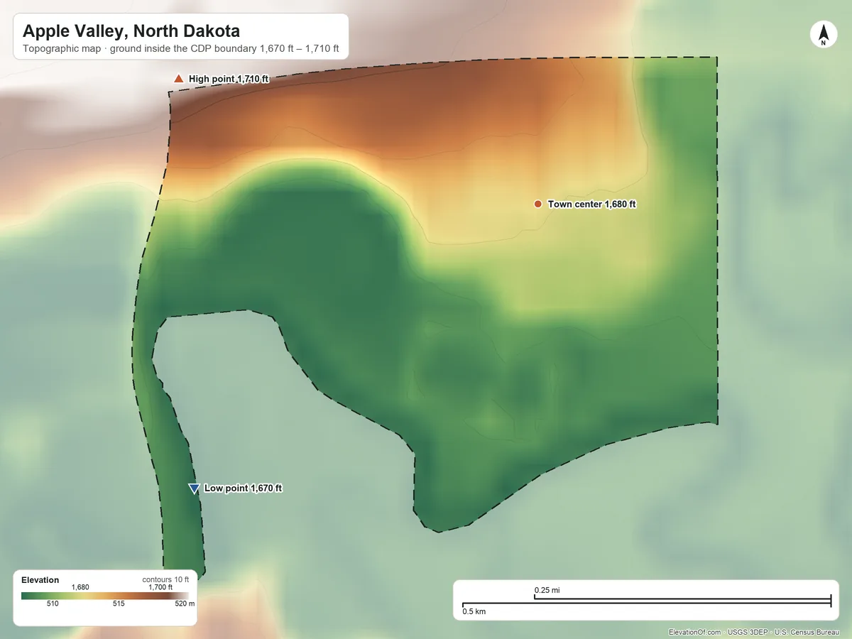 Topographic elevation map of Apple Valley, North Dakota, shaded from 1,670 ft on the southwest side to 1,710 ft on the west side