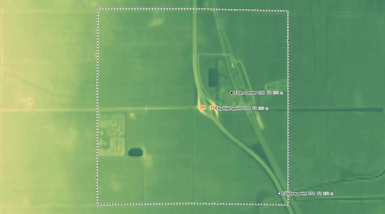 Topographic elevation map of Argusville, North Dakota, shaded from 880 ft on the southeast side to 900 ft near the middle