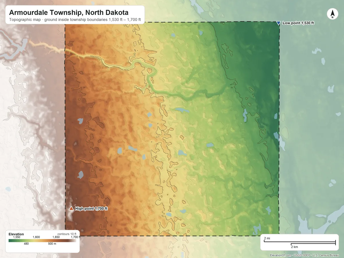 Topographic elevation map of Armourdale Township, North Dakota, shaded from 1,530 ft on the northeast side to 1,700 ft on the southwest side