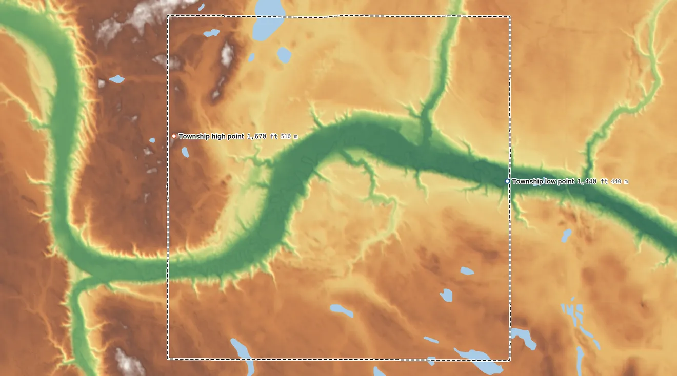 Topographic elevation map of Arne Township, North Dakota, shaded from 1,440 ft on the east side to 1,670 ft on the west side