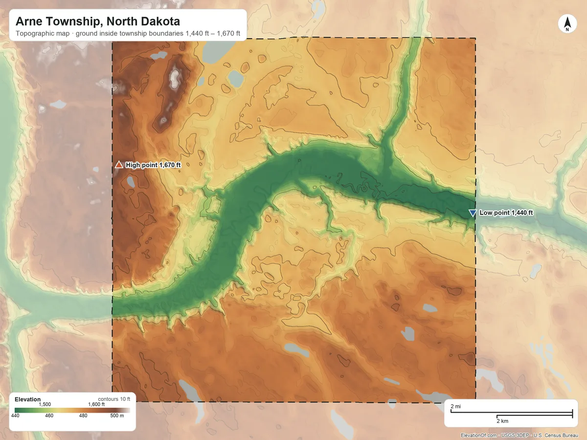 Topographic elevation map of Arne Township, North Dakota, shaded from 1,440 ft on the east side to 1,670 ft on the west side
