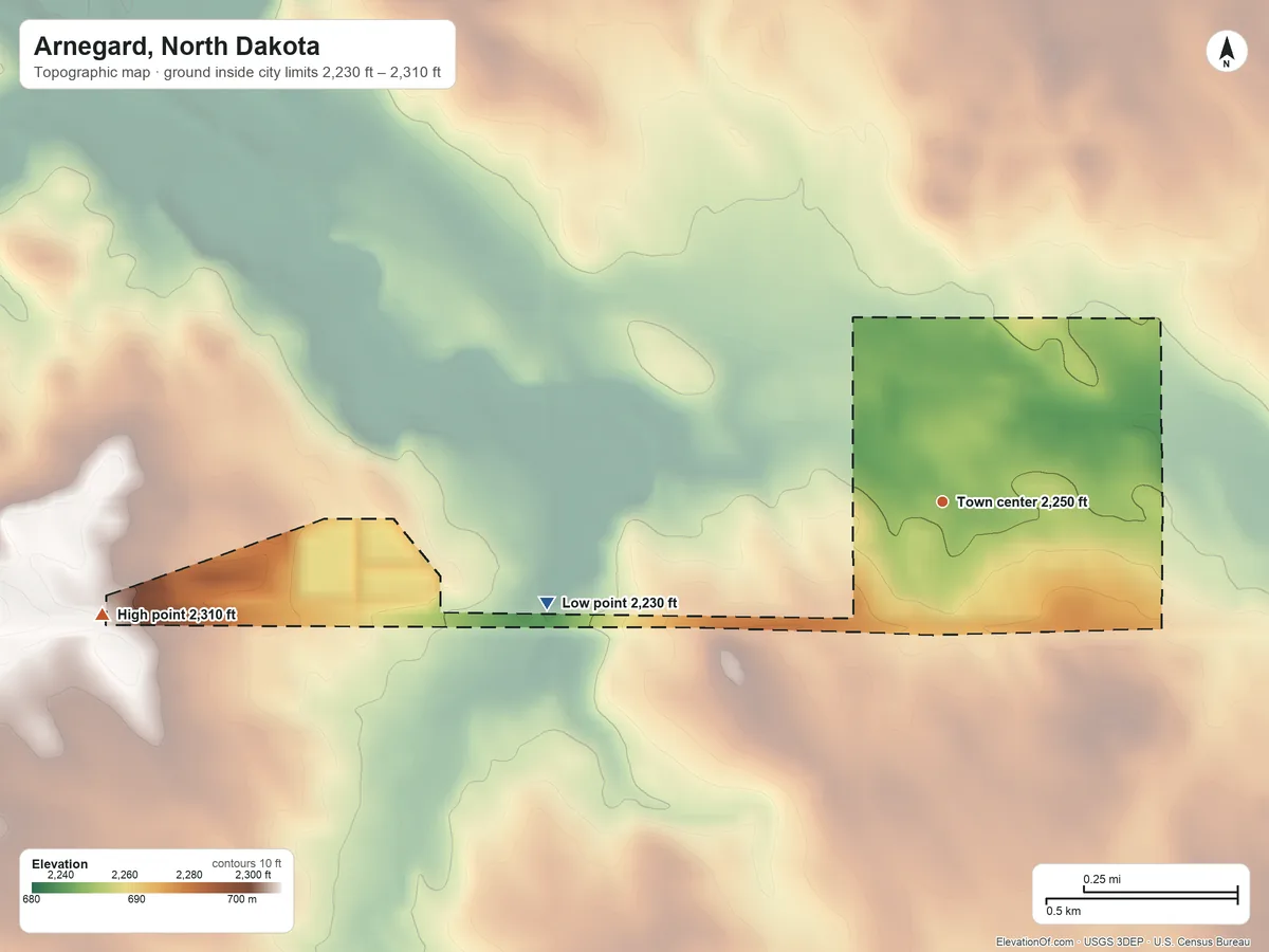 Topographic elevation map of Arnegard, North Dakota, shaded from 2,230 ft on the west side to 2,310 ft on the west side