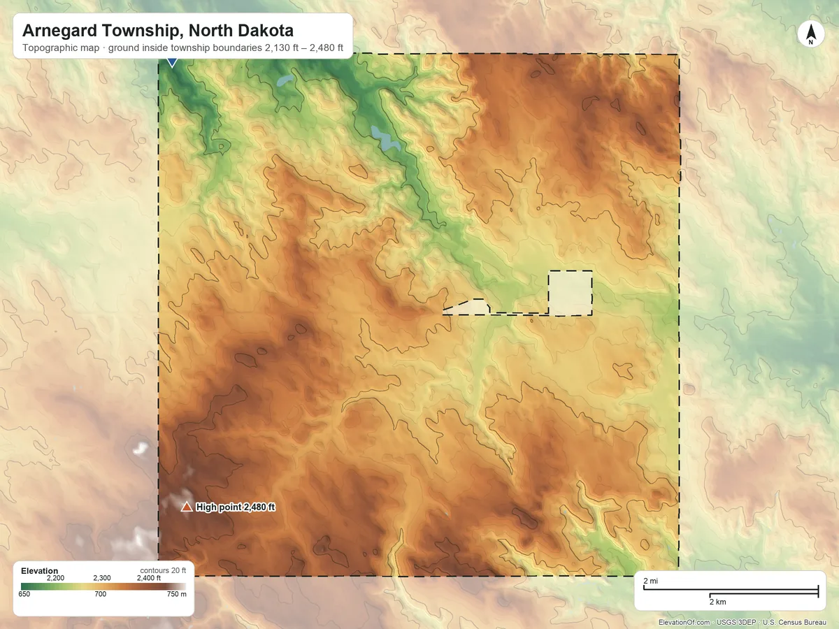 Topographic elevation map of Arnegard Township, North Dakota, shaded from 2,130 ft on the northwest side to 2,480 ft on the southwest side