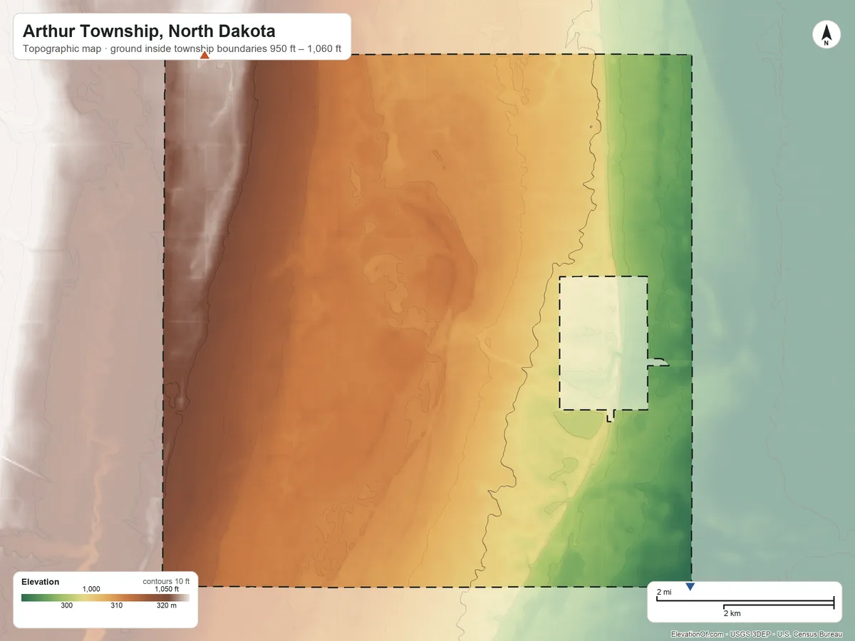 Topographic elevation map of Arthur Township, North Dakota, shaded from 950 ft on the southeast side to 1,060 ft on the northwest side