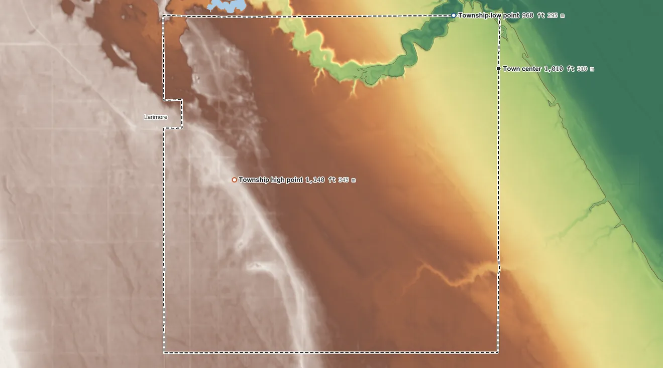 Topographic elevation map of Arvilla Township, North Dakota, shaded from 960 ft on the northwest side to 1,140 ft on the southwest side