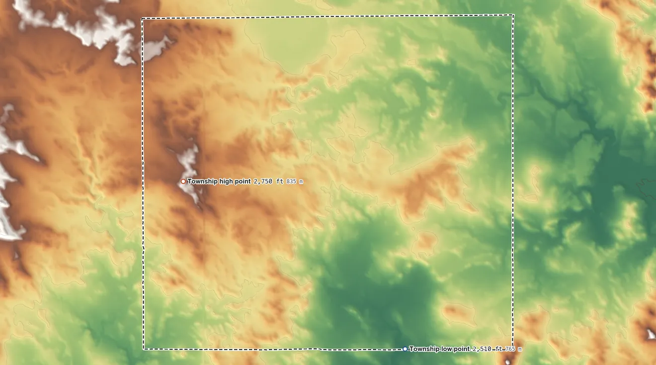 Topographic elevation map of Ashby Township, North Dakota, shaded from 2,510 ft on the southeast side to 2,750 ft on the southwest side