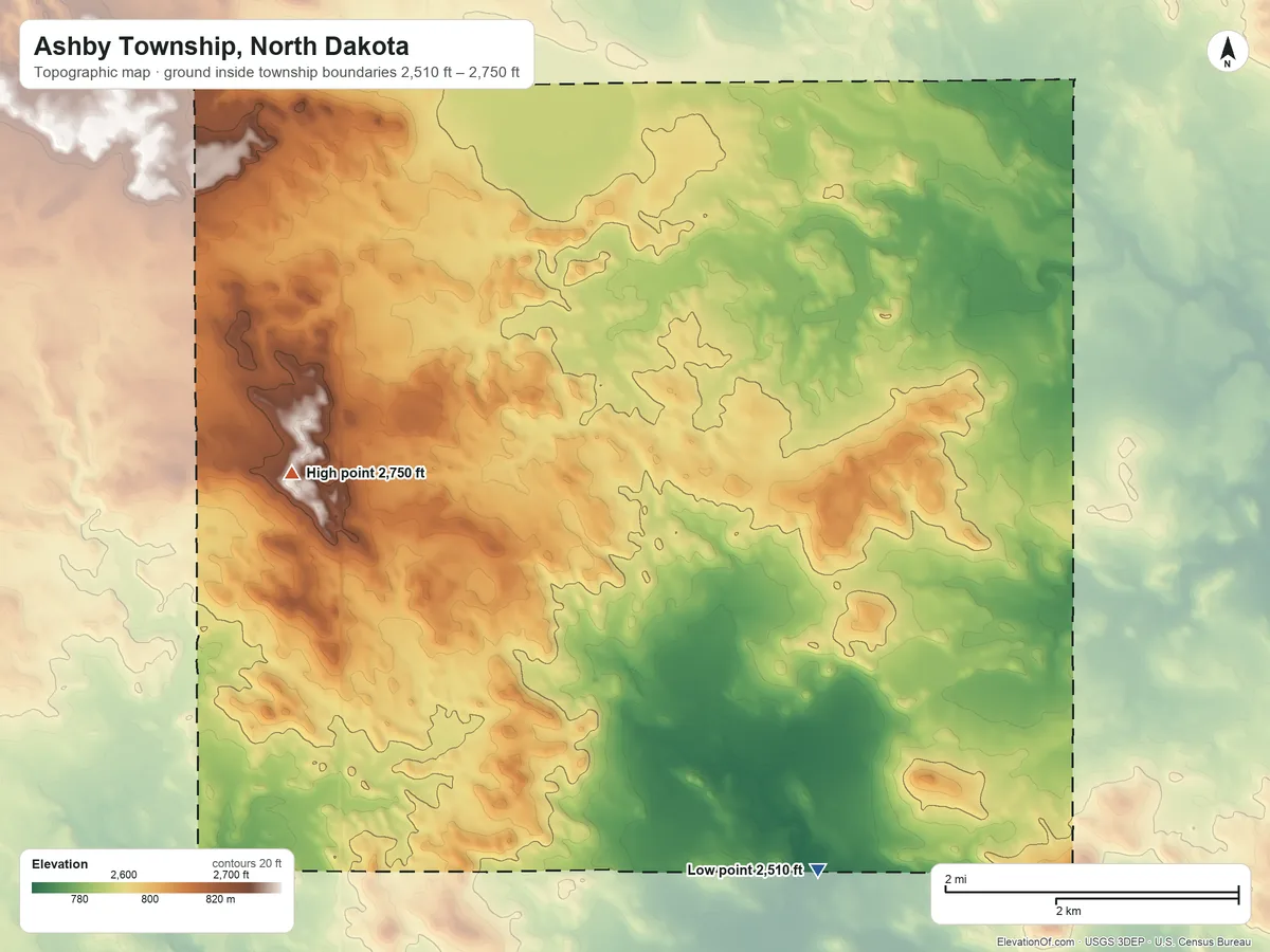 Topographic elevation map of Ashby Township, North Dakota, shaded from 2,510 ft on the southeast side to 2,750 ft on the southwest side