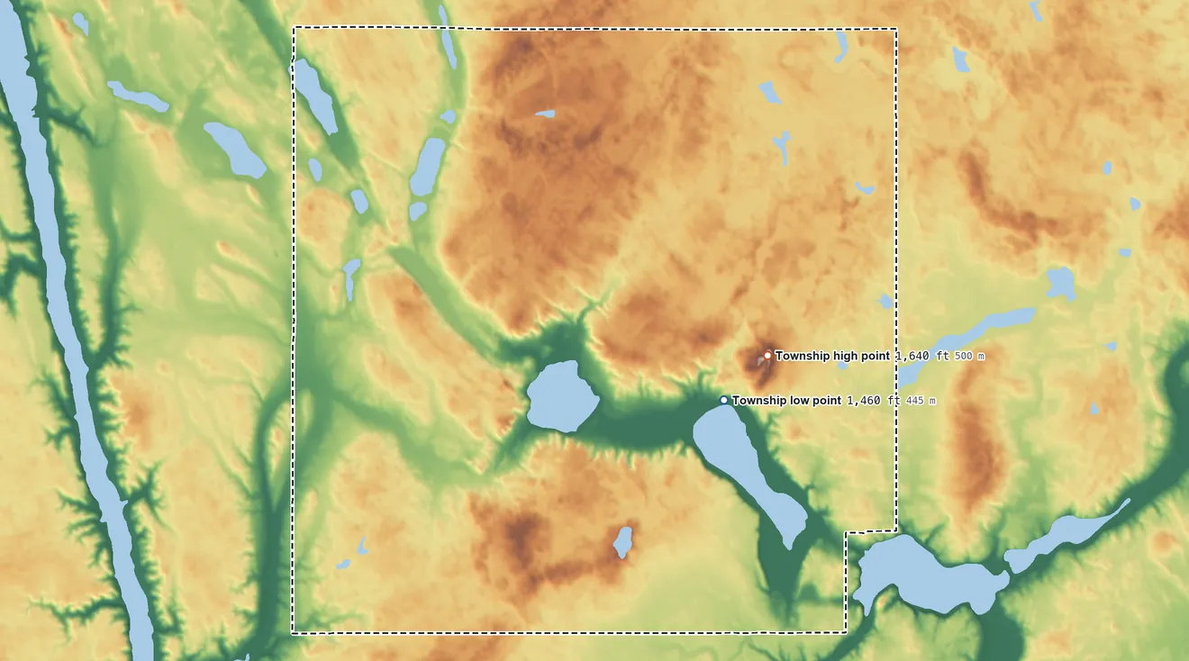 Topographic elevation map of Ashland Township, North Dakota, shaded from 1,460 ft on the east side to 1,640 ft on the east side