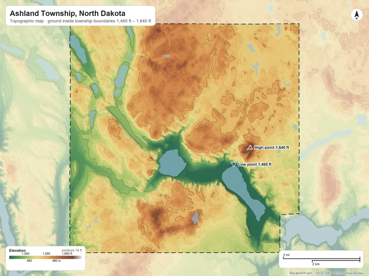 Topographic elevation map of Ashland Township, North Dakota, shaded from 1,460 ft on the east side to 1,640 ft on the east side