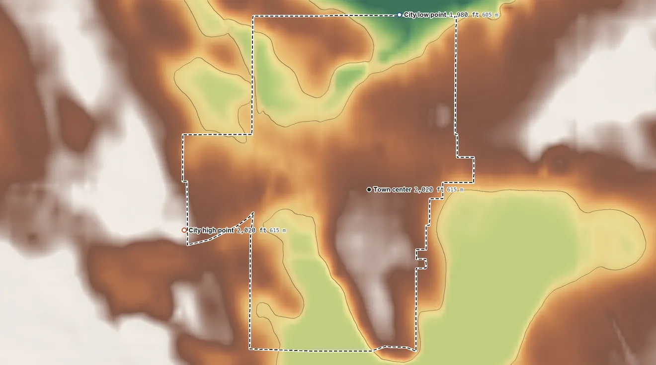 Topographic elevation map of Ashley, North Dakota, shaded from 1,980 ft on the north side to 2,020 ft on the west side