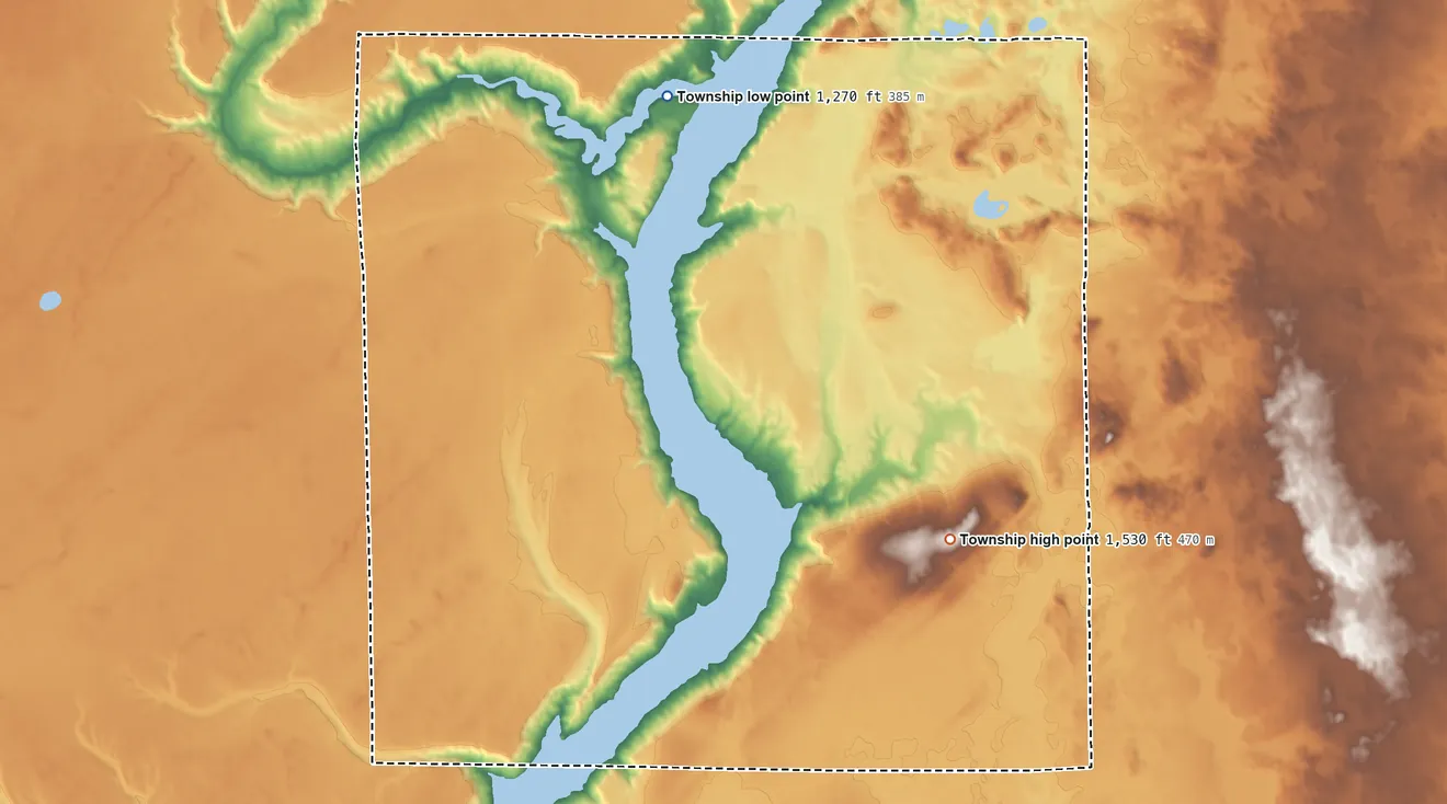 Topographic elevation map of Ashtabula Township, North Dakota, shaded from 1,270 ft on the north side to 1,530 ft on the southeast side