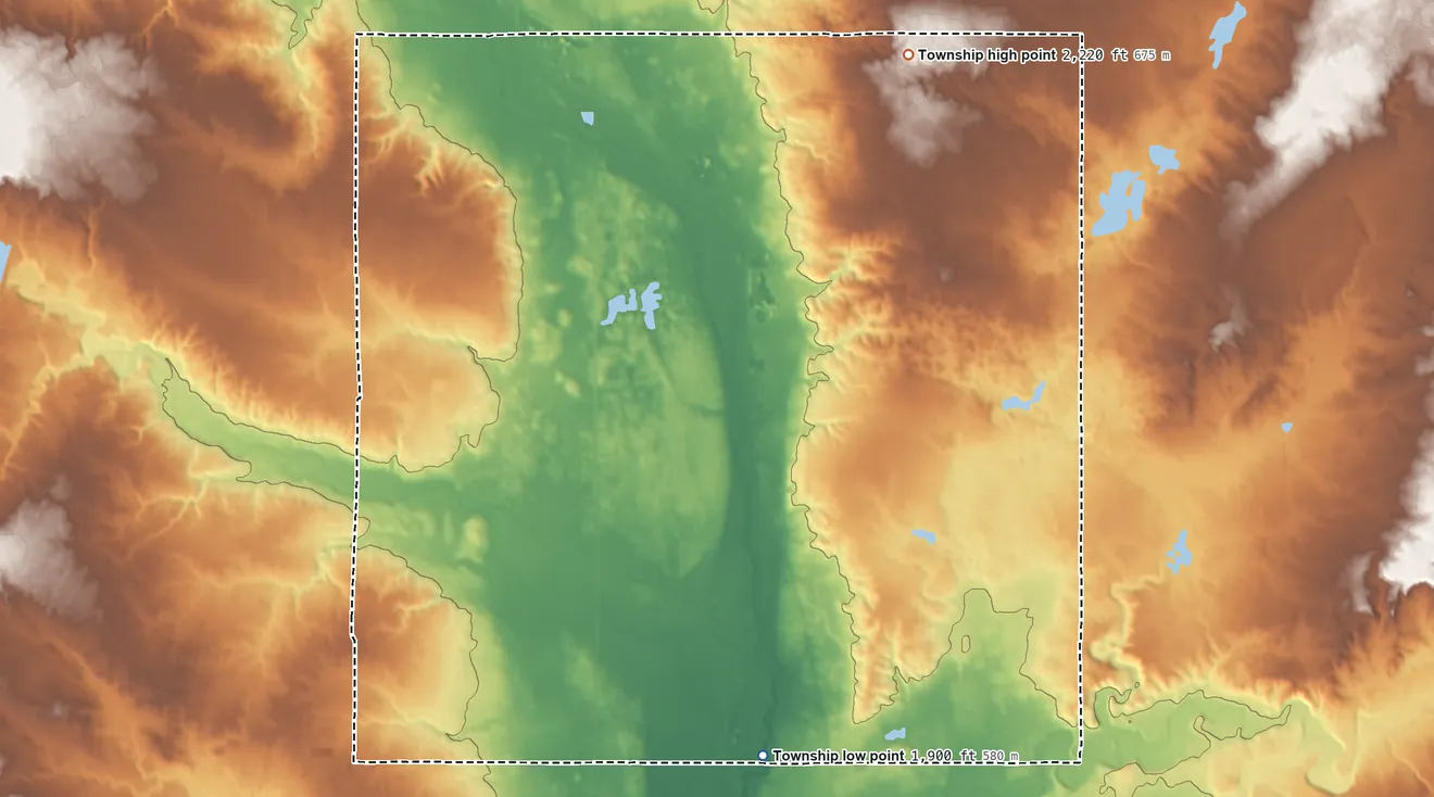 Topographic elevation map of Athens Township, North Dakota, shaded from 1,900 ft on the south side to 2,220 ft on the northeast side