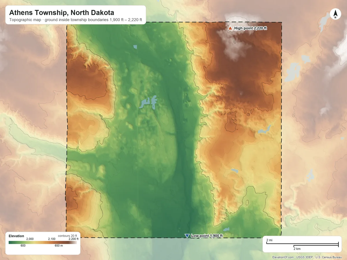 Topographic elevation map of Athens Township, North Dakota, shaded from 1,900 ft on the south side to 2,220 ft on the northeast side