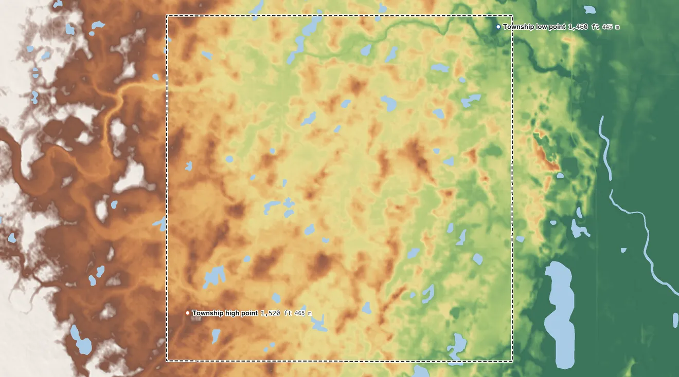 Topographic elevation map of Atkins Township, North Dakota, shaded from 1,460 ft on the northeast side to 1,520 ft on the southwest side