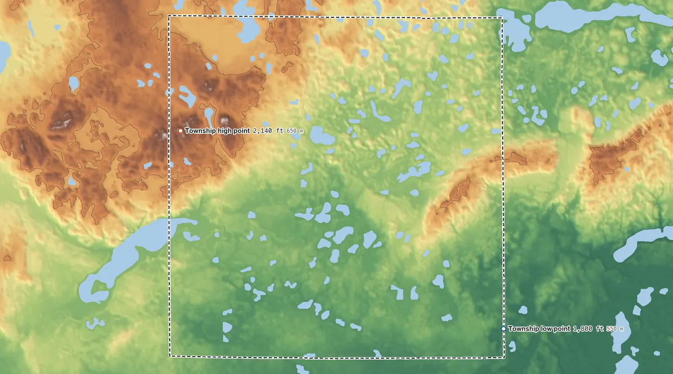 Topographic elevation map of Atwood Township, North Dakota, shaded from 1,800 ft on the south side to 2,140 ft on the west side